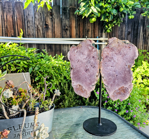 Pink Amethyst Angel Wings on Metal Base