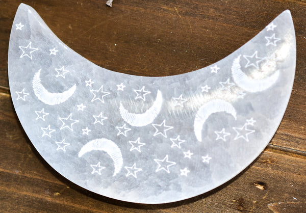 Celestial Engraved Crescent Moon Selenite Plate