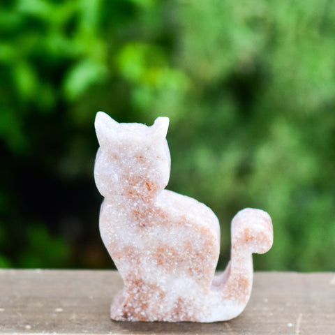 Whyte Quartz Grade A Pink Amethyst Sitting Cat with pink and rust colors on wood table with greenery outdoors