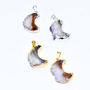 Mini Amethyst Slice Plated Moon Pendant or Necklace