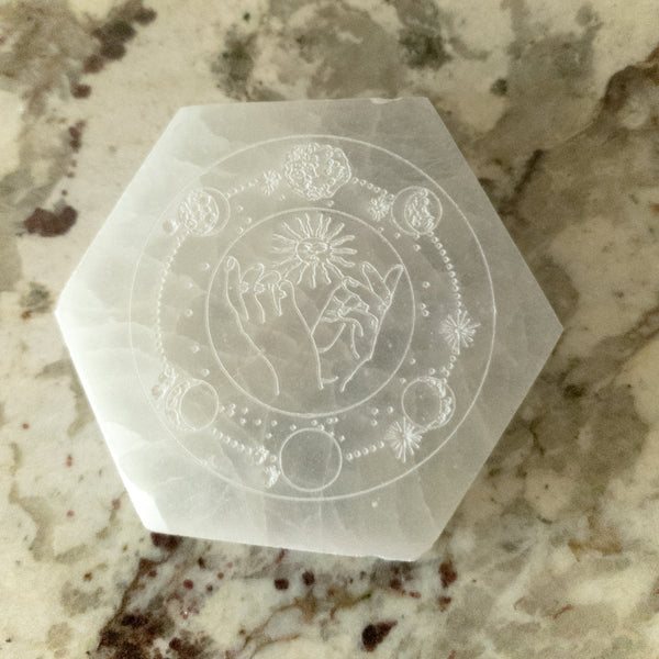 NEW Celestial Engraved Selenite Hexagon Plate