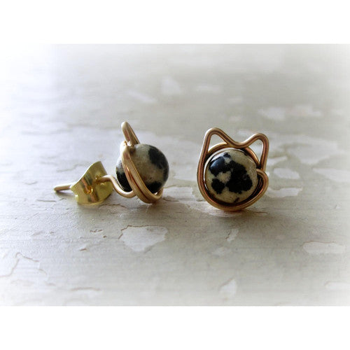 Dalmatian Jasper + Gold Cat Stud Earrings - WHYTE QUARTZ