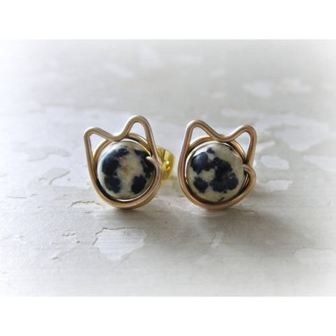 Dalmatian Jasper + Gold Cat Stud Earrings - WHYTE QUARTZ